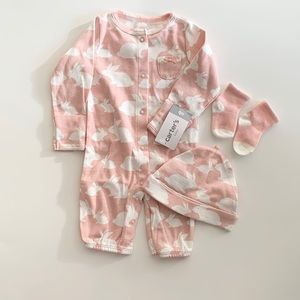 Carter’s NB pink convertible gown, socks and hat